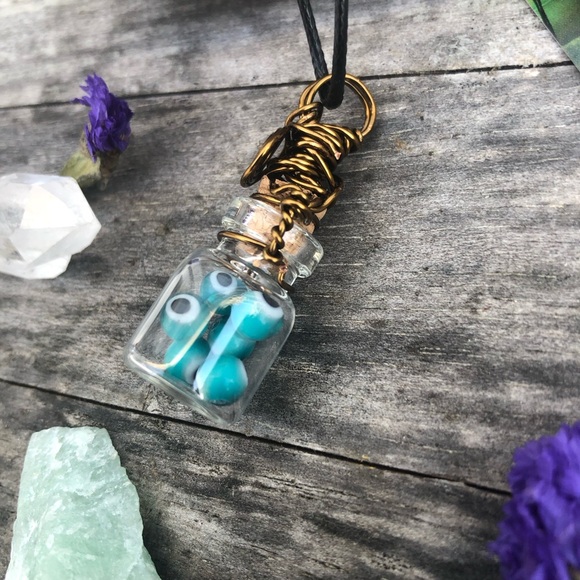 Evil Eye Protection Bottle Necklace Wire Wrapped - in Vintage Bronze Wire - Picture 6 of 11